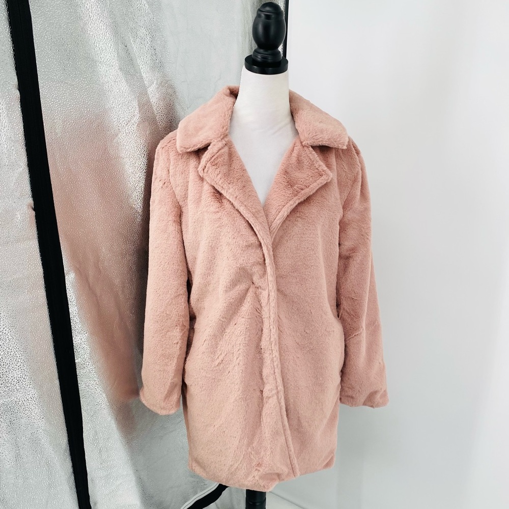 Pink Faux Fur Long Sleeve Lapel Collar Loose Fit Oversized Coat - Picture 9 of 17
